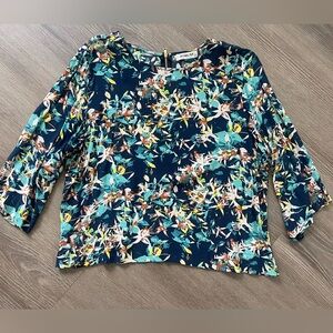 Sam & Lavi Navy Floral Crewneck Blouse with Teal & Yellow Accents